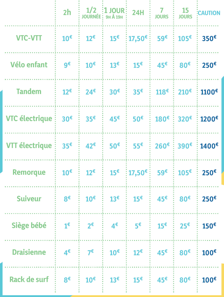 Prices table of the bicycle rental in Carcans
